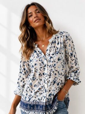 Joie Linen Boho Blouse 1X Blue Floral Lightweight Tunic Top